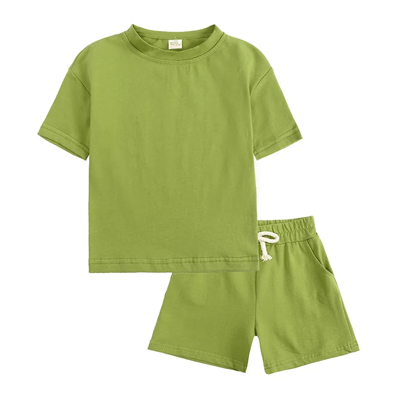 Toddler Kids Baby Boys Summer Casual Clothes Sets Solid Short Sleeve T-Shirt Outfit 2pcs Set Custom Children'S Clothing