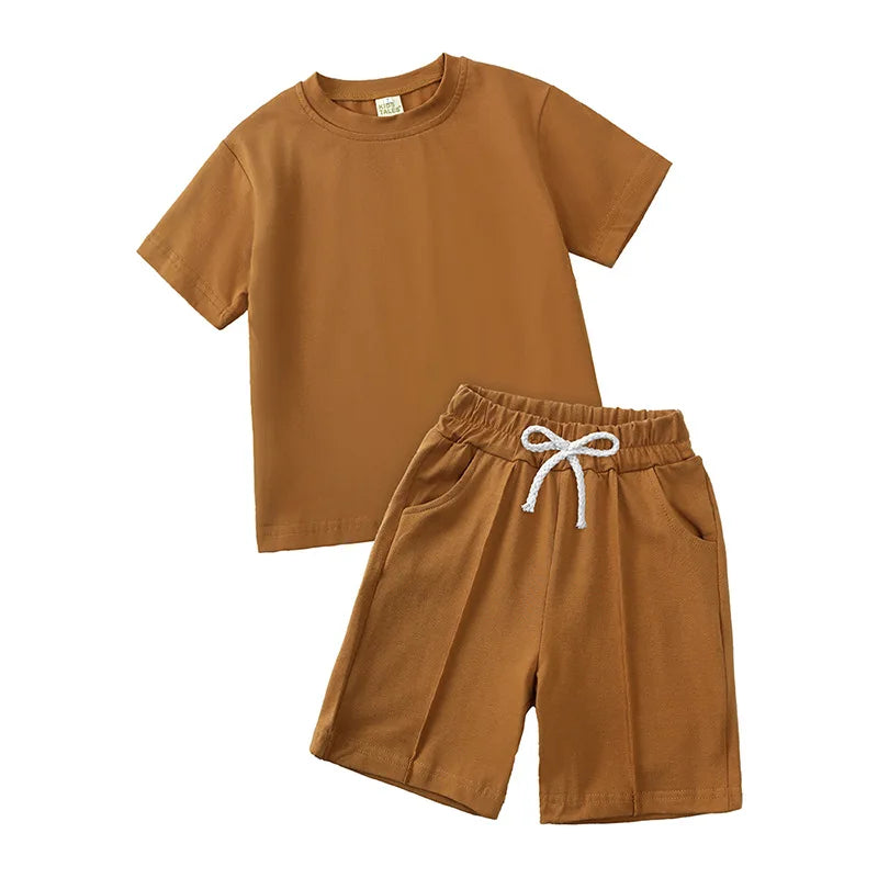 Toddler Kids Baby Boys Summer Casual Clothes Sets Solid Short Sleeve T-Shirt Outfit 2pcs Set Custom Children'S Clothing