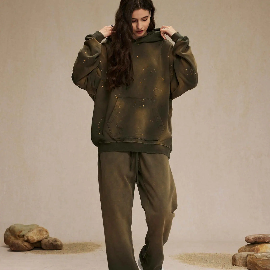 Autumn Winter 450g Terry Distressed Unisex Streetwear Brand Set Retro Oversized Loose Washed Cotton/Polyester Heart Hoodie