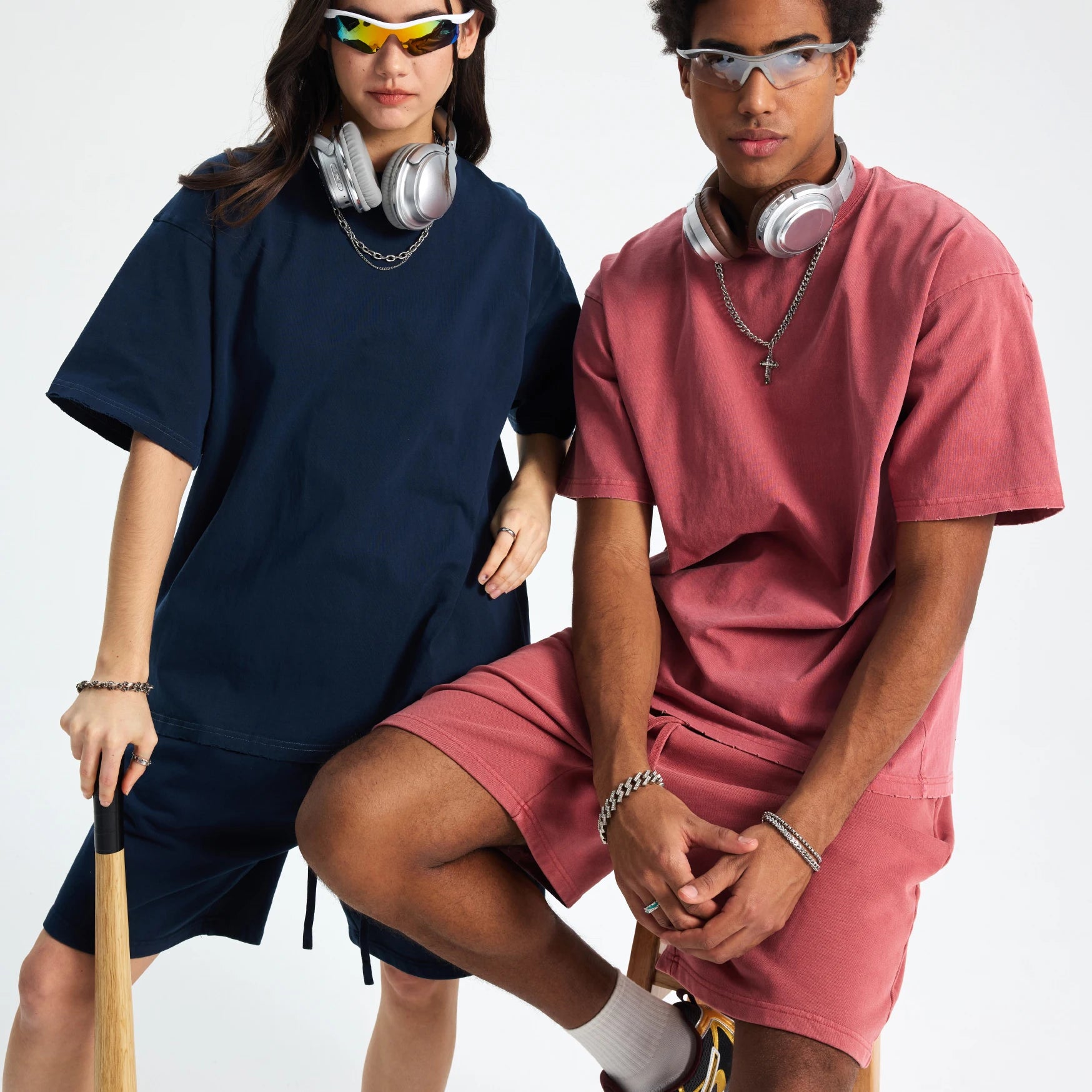 Casual Summer Acid Wash Short Sleeve Shorts Set Fashionable Breathable for Men and Women