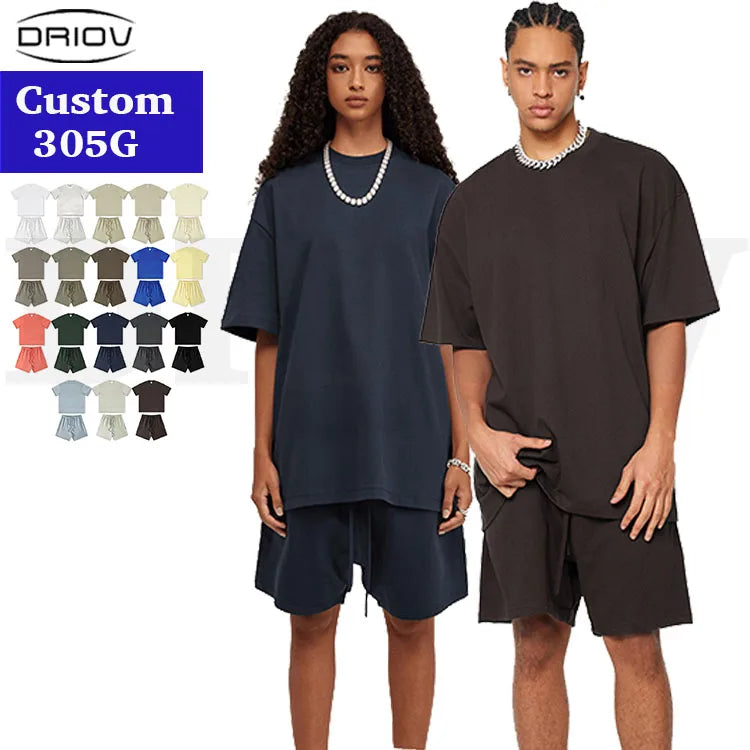 Custom Brand Logo Men's Fashion Plus Size Shorts Set Solid Color Oversized T-Shirt Shorts Set