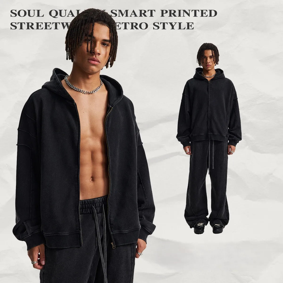 Wholesale Bulk High Quality 100% Cotton Fleece 450 Gsm Zip Flared Sweatpants and Hoodie Set Unisex