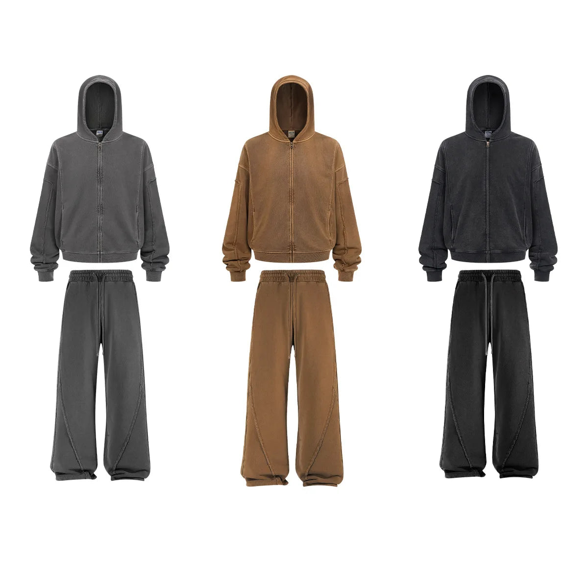 Wholesale Bulk High Quality 100% Cotton Fleece 450 Gsm Zip Flared Sweatpants and Hoodie Set Unisex