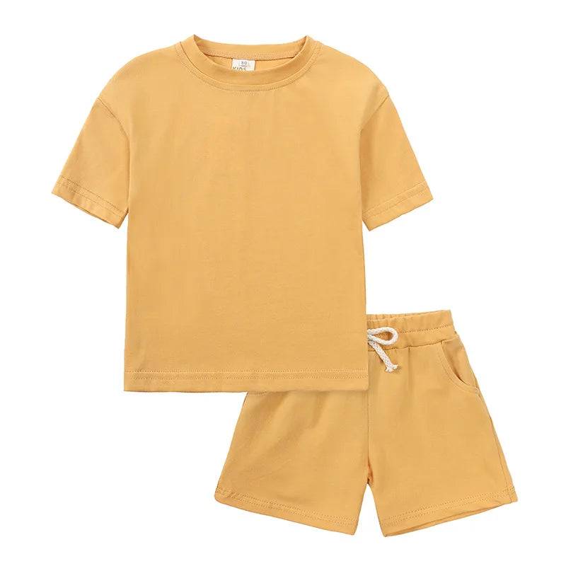 Toddler Kids Baby Boys Summer Casual Clothes Sets Solid Short Sleeve T-Shirt Outfit 2pcs Set Custom Children'S Clothing