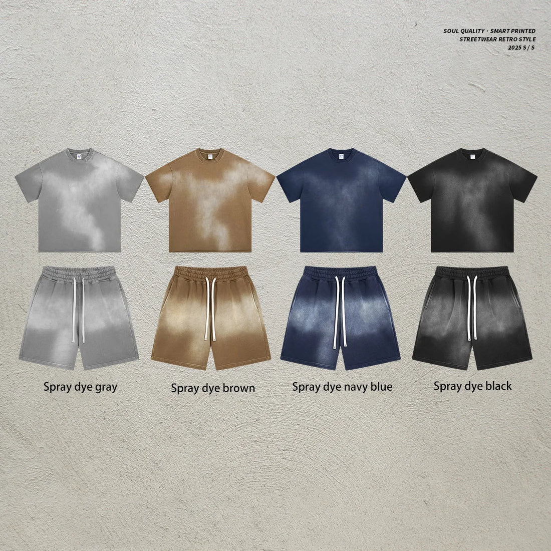 2026 Men's Casual Vintage Washed Street Style Spray Dyeing Cotton T-Shirt American Trendy Loose Short Sleeve Shorts Set