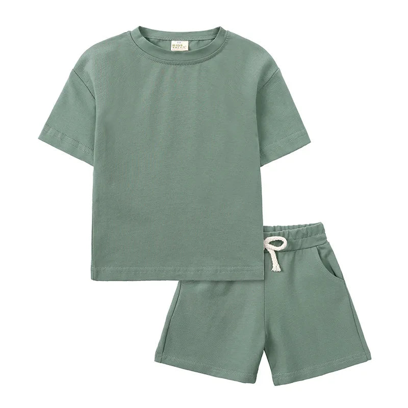 Toddler Kids Baby Boys Summer Casual Clothes Sets Solid Short Sleeve T-Shirt Outfit 2pcs Set Custom Children'S Clothing