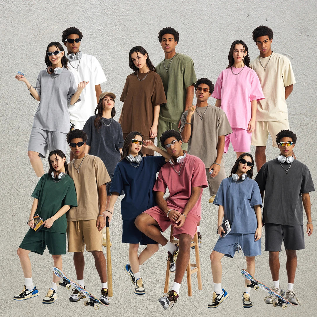 Casual Summer Acid Wash Short Sleeve Shorts Set Fashionable Breathable for Men and Women