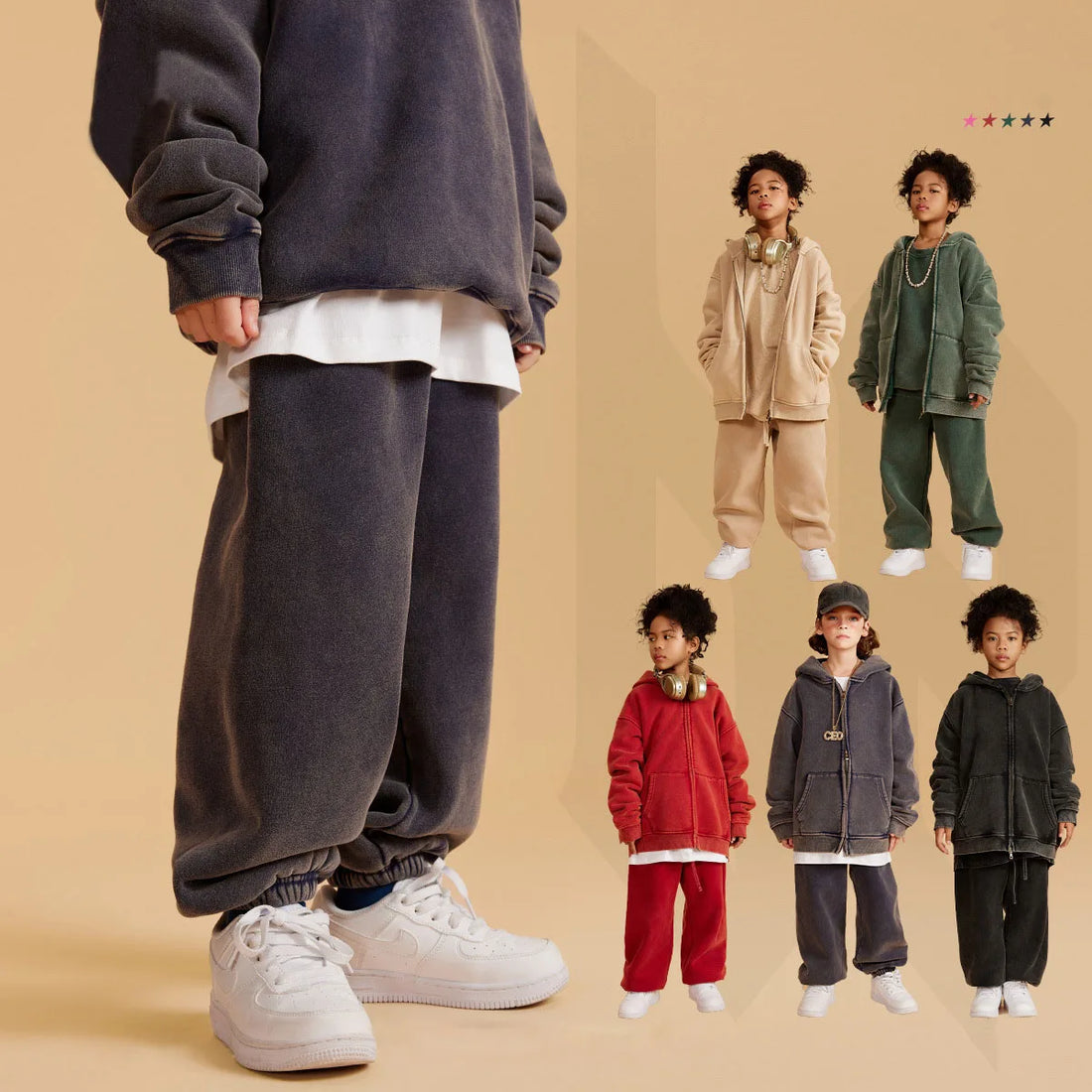 400G Heavyweight Boys and Girls Washed Fleece Sports Sweatpants Loose Winter Trousers for Children