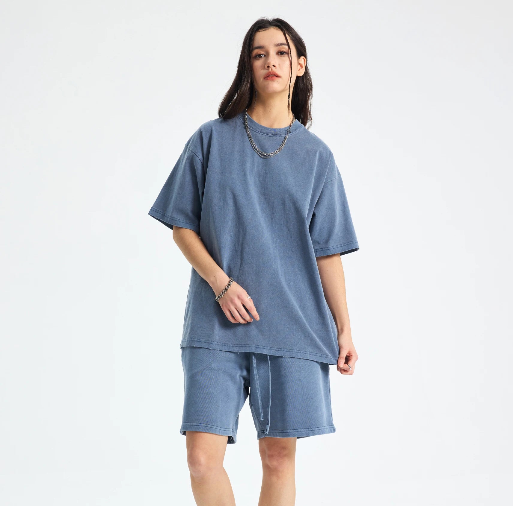 Casual Summer Acid Wash Short Sleeve Shorts Set Fashionable Breathable for Men and Women